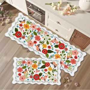 Scalloped Kitchen Mats for Floor 2PC Cushioned Anti Fatigue Kitchen Mats Rugs Waterproof Non Slip Farmhouse Boho Floral Comfort Foam Standing Mat for Sink Laundry, White