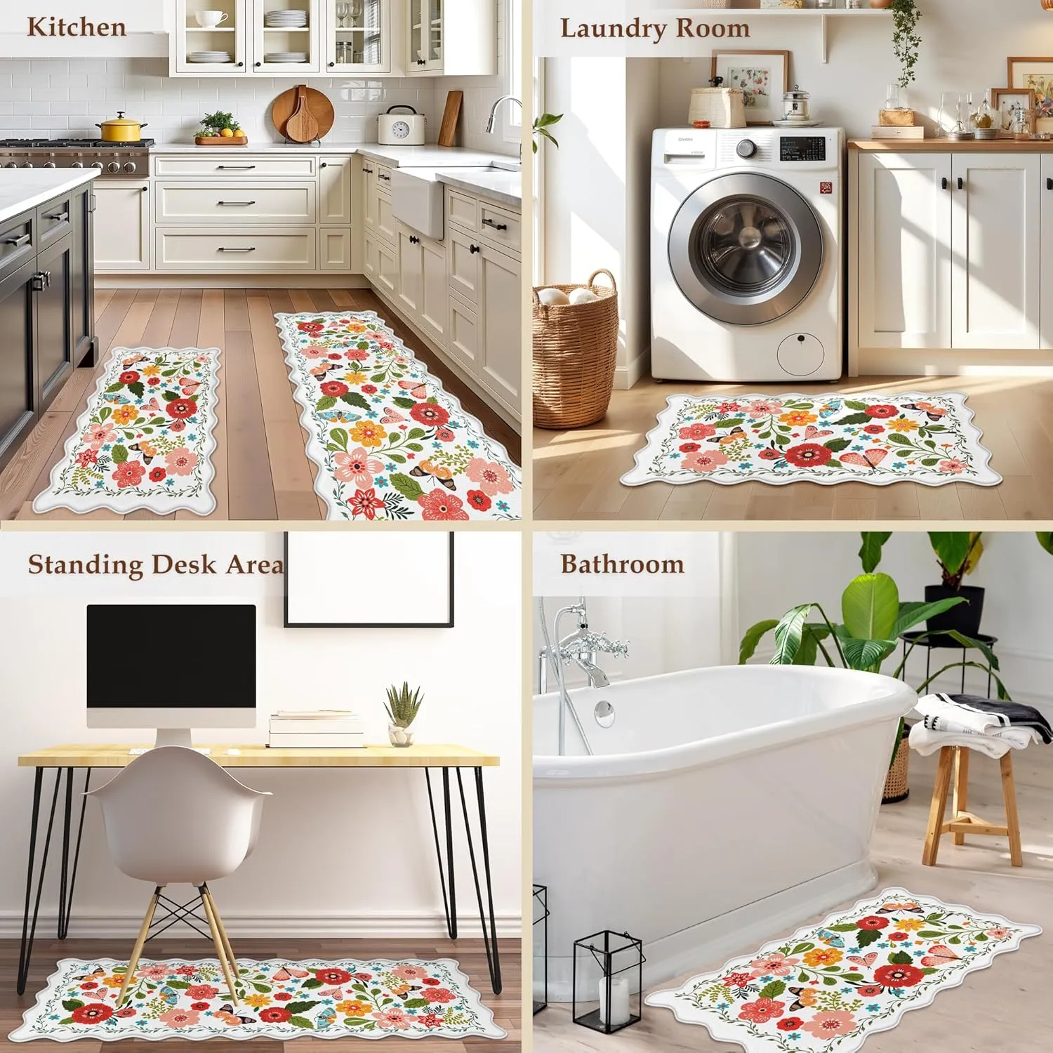Scalloped Kitchen Mats for Floor 2PC Cushioned Anti Fatigue Kitchen Mats Rugs Waterproof Non Slip Farmhouse Boho Floral Comfort Foam Standing Mat for Sink Laundry, White