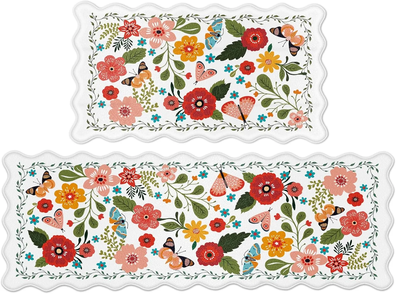 Scalloped Kitchen Mats for Floor 2PC Cushioned Anti Fatigue Kitchen Mats Rugs Waterproof Non Slip Farmhouse Boho Floral Comfort Foam Standing Mat for Sink Laundry, White