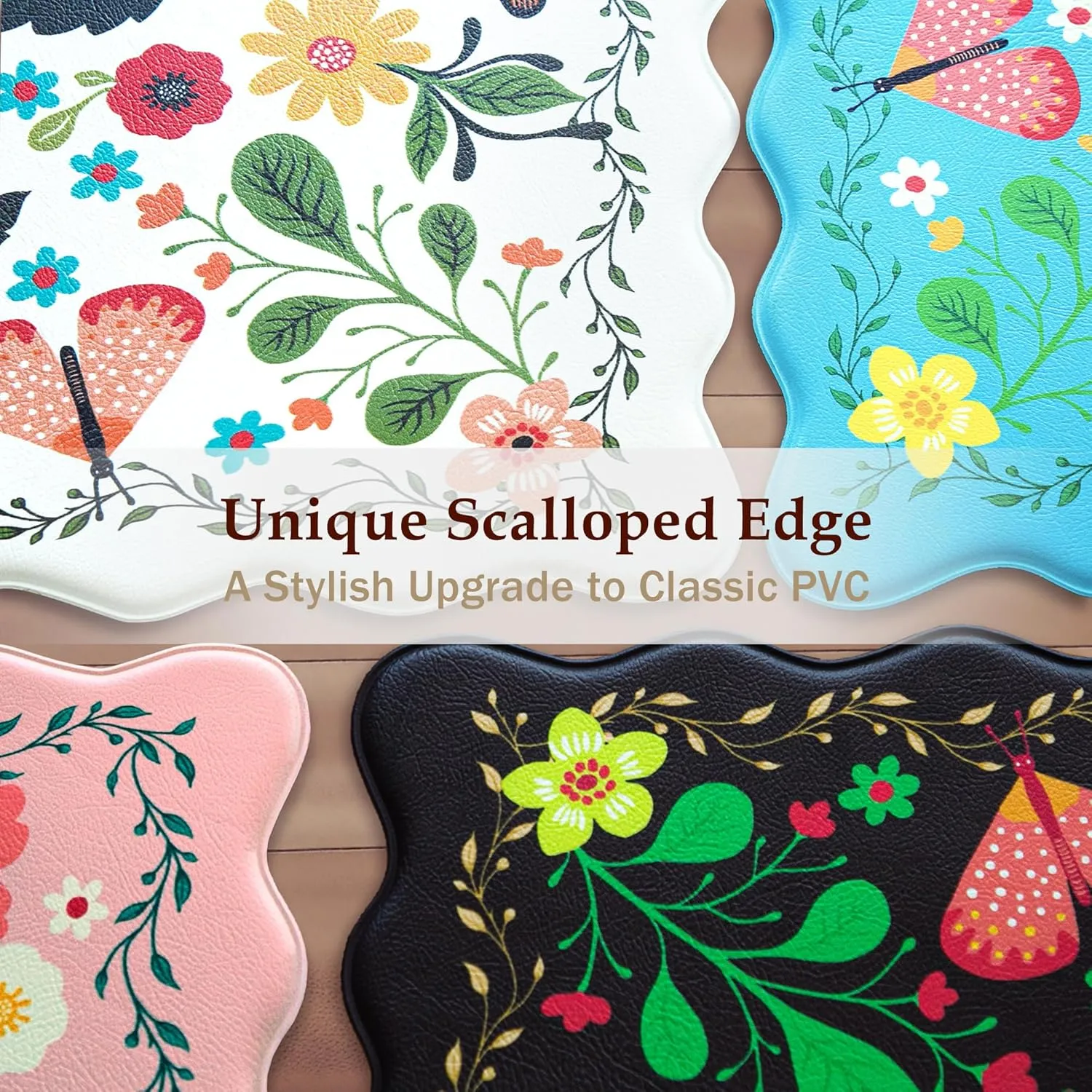 Scalloped Kitchen Mats for Floor 2PC Cushioned Anti Fatigue Kitchen Mats Rugs Waterproof Non Slip Farmhouse Boho Floral Comfort Foam Standing Mat for Sink Laundry, White