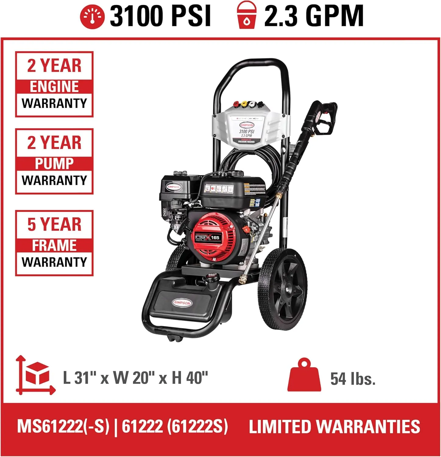 Simpson Cleaning 3100 PSI Gas Pressure Washer, 2.3 GPM Power Washer for Residential Use, CRX165 Engine, 25-Foot Hyflex Hose, MegaShot, 49-State (MS61222-S)