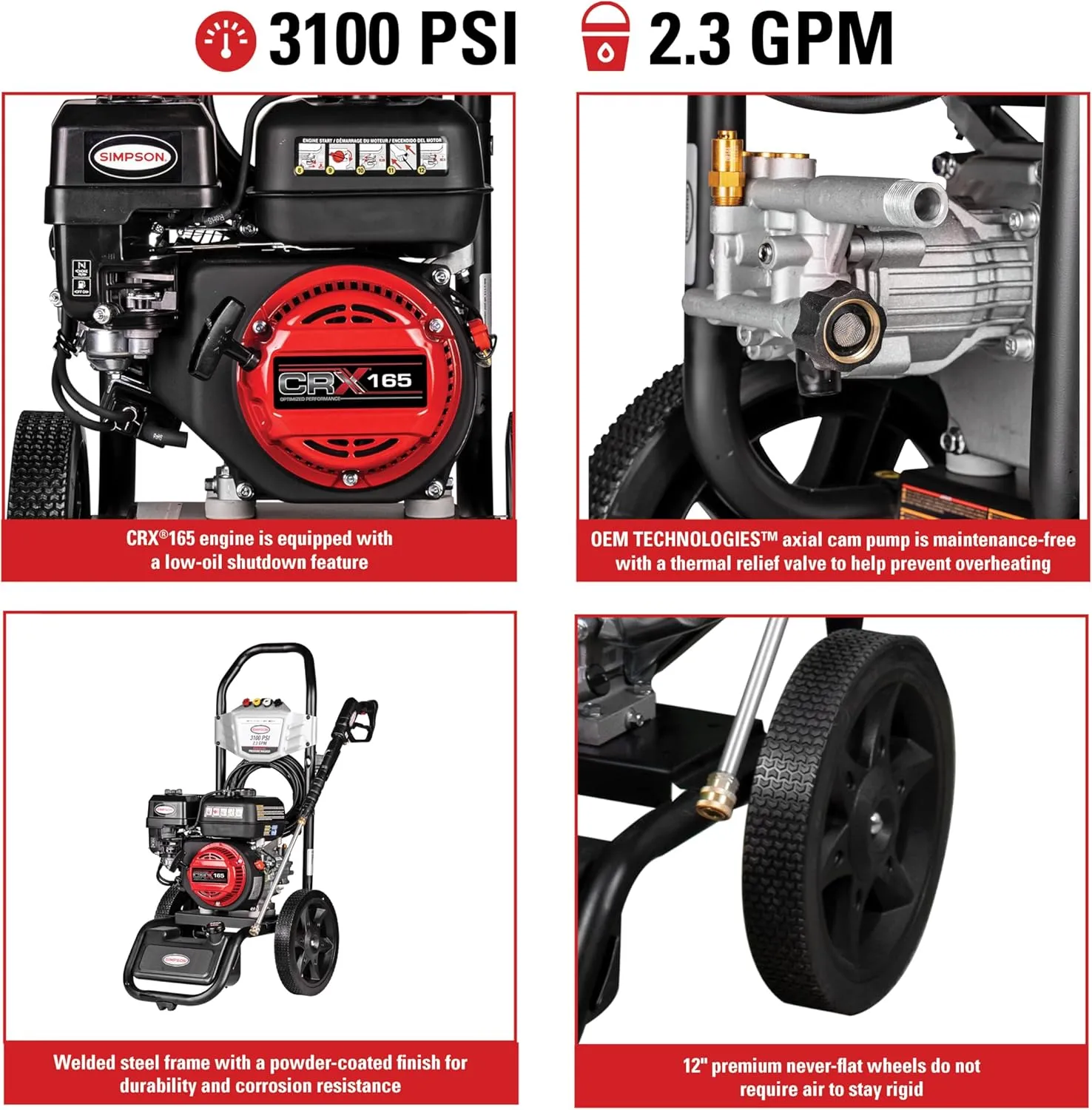 Simpson Cleaning 3100 PSI Gas Pressure Washer, 2.3 GPM Power Washer for Residential Use, CRX165 Engine, 25-Foot Hyflex Hose, MegaShot, 49-State (MS61222-S)