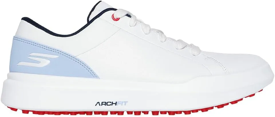 Skechers Golf Women's Drive 6 Arch Leather Relaxed Fit Waterproof Golf Shoe Sneaker, White/Blue, 10