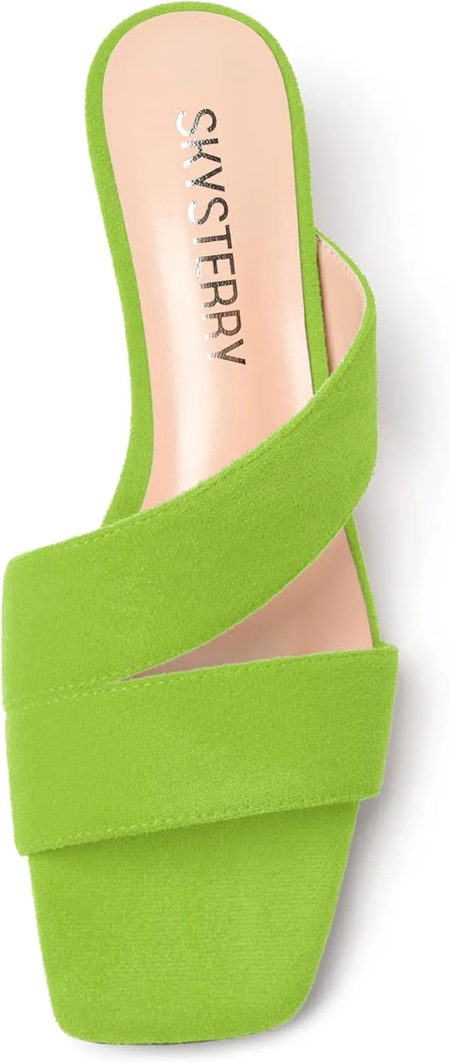 SKYSTERRY Womens Casual Open Toe Evening Suede Slip On Chunky Low Heel Heeled Sandals 1.5 Inch