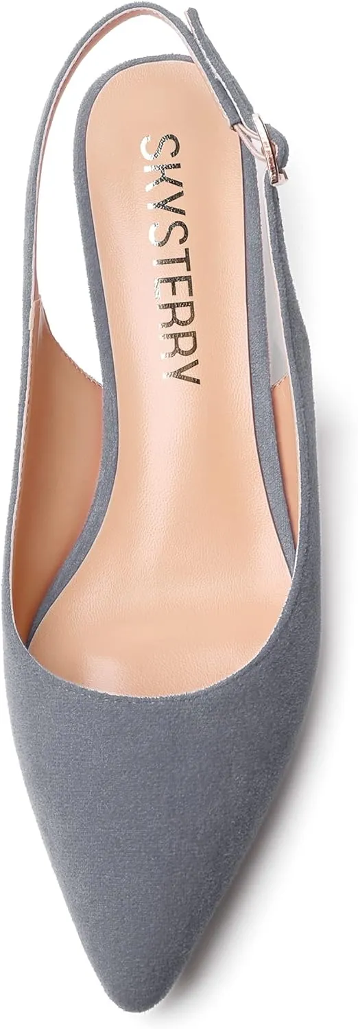 SKYSTERRY Womens Casual Pointed Toe Suede Slip On Wedding Slingback Kitten Low Heel Pumps Shoes 1.5 Inch