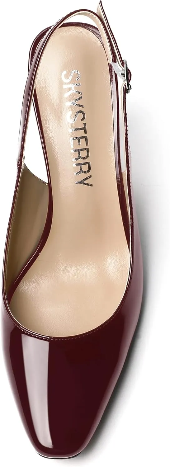 SKYSTERRY Women's Slingback Square Toe Patent Casual Dating Slip On Spool High Heel Pumps Shoes 3.3 Inch