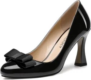 SKYSTERRY Women's Slip On Bow Patent Round Toe Casual Dating Spool High Heel Pumps Shoes 3.3 Inch