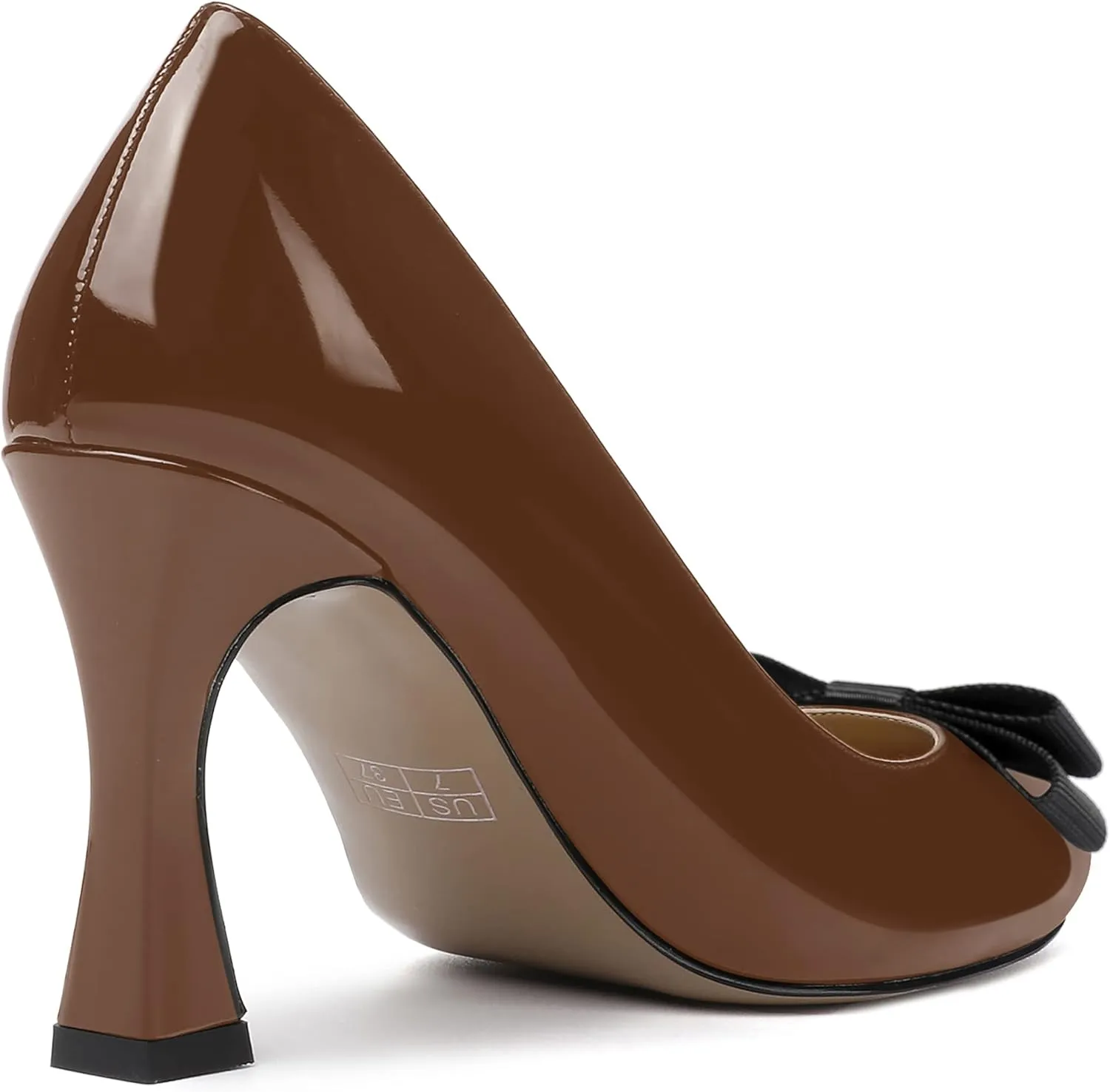 SKYSTERRY Women's Slip On Bow Patent Round Toe Casual Dating Spool High Heel Pumps Shoes 3.3 Inch
