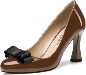 SKYSTERRY Women's Slip On Bow Patent Round Toe Casual Dating Spool High Heel Pumps Shoes 3.3 Inch