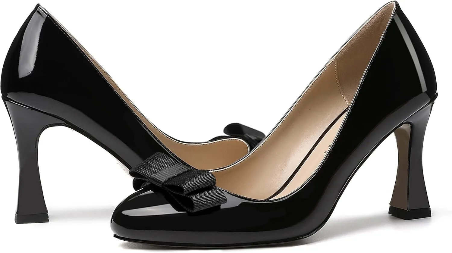 SKYSTERRY Women's Slip On Bow Patent Round Toe Casual Dating Spool High Heel Pumps Shoes 3.3 Inch
