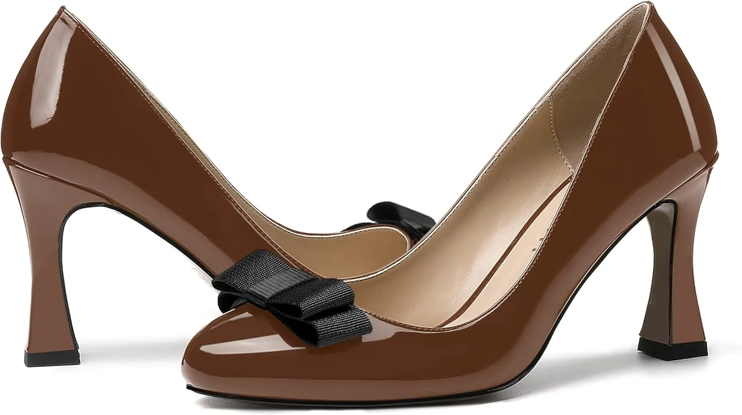 SKYSTERRY Women's Slip On Bow Patent Round Toe Casual Dating Spool High Heel Pumps Shoes 3.3 Inch