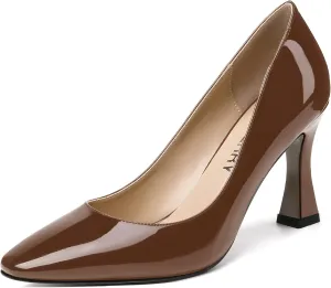 SKYSTERRY Women's Slip On Office Casual Square Toe Patent Spool High Heel Pumps Shoes 3.3 Inch