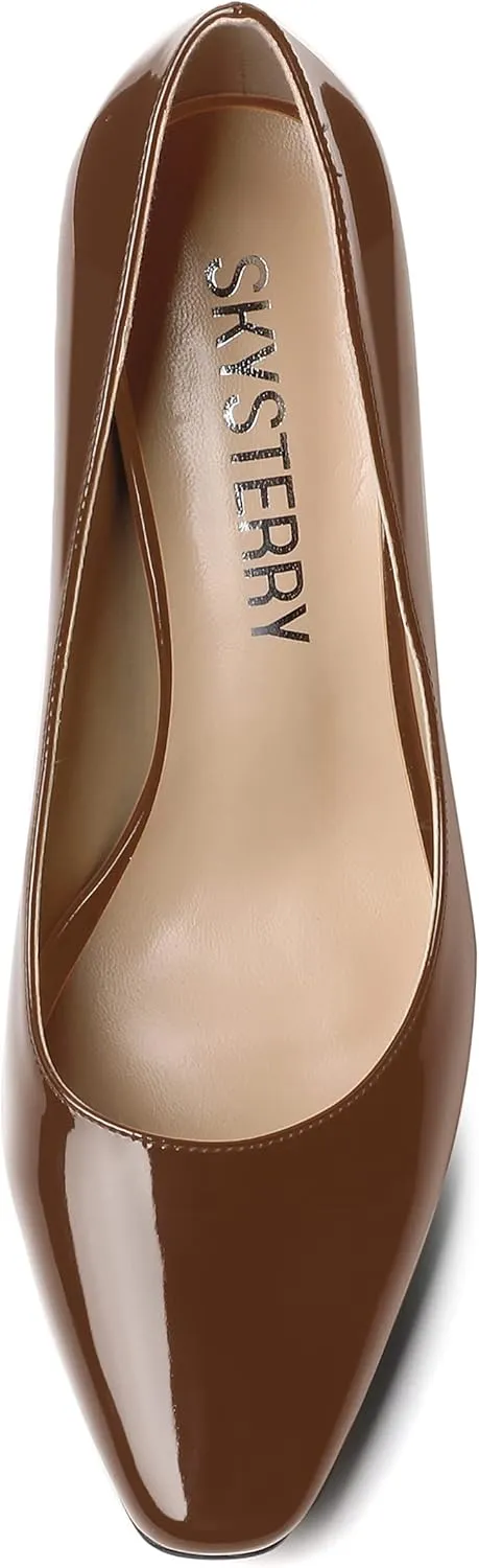 SKYSTERRY Women's Slip On Office Casual Square Toe Patent Spool High Heel Pumps Shoes 3.3 Inch