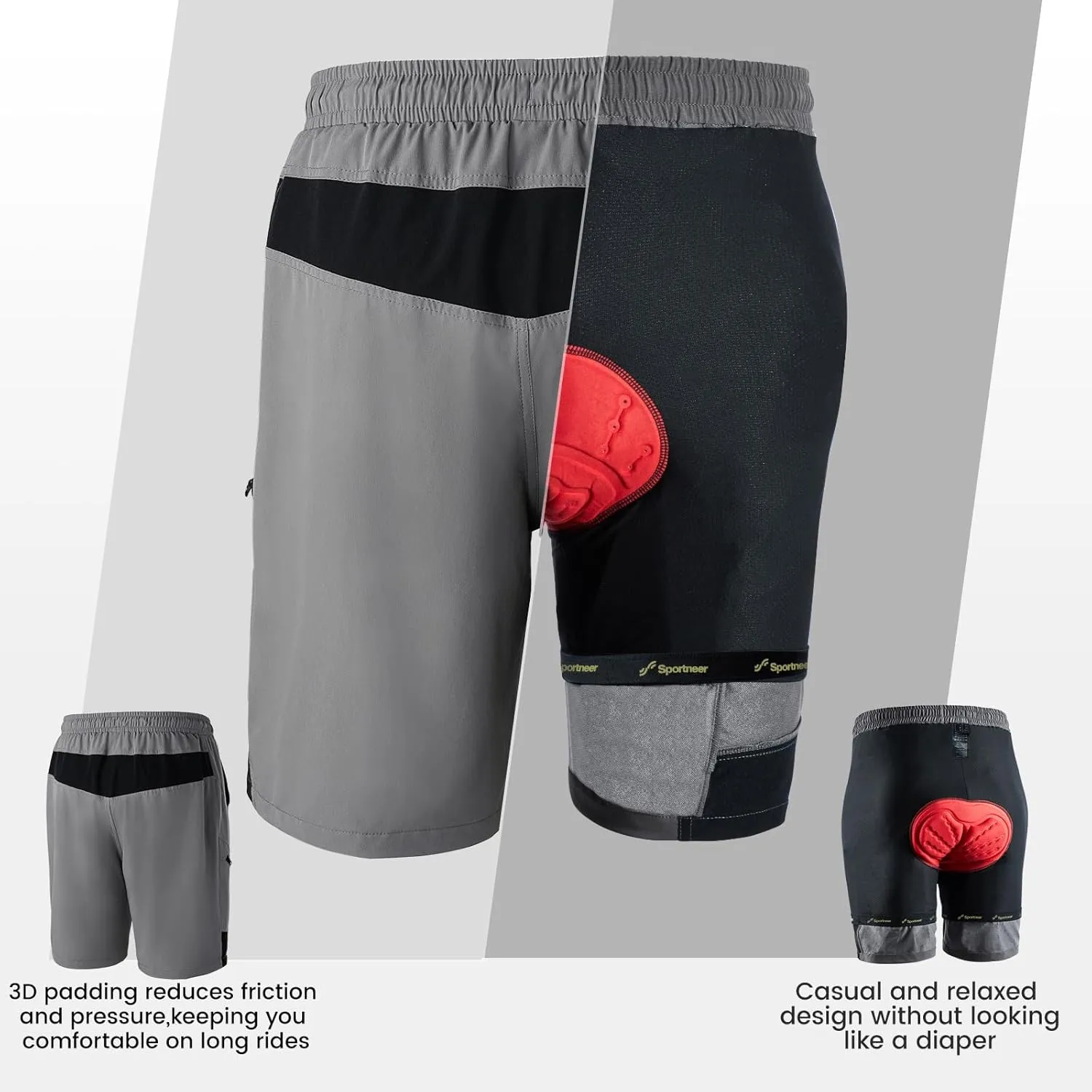 Sportneer Bike Shorts for Men: 3D Padded Lightweight Riding Biking Cycling Mountain Bike Shorts for Men with Zipper Pockets