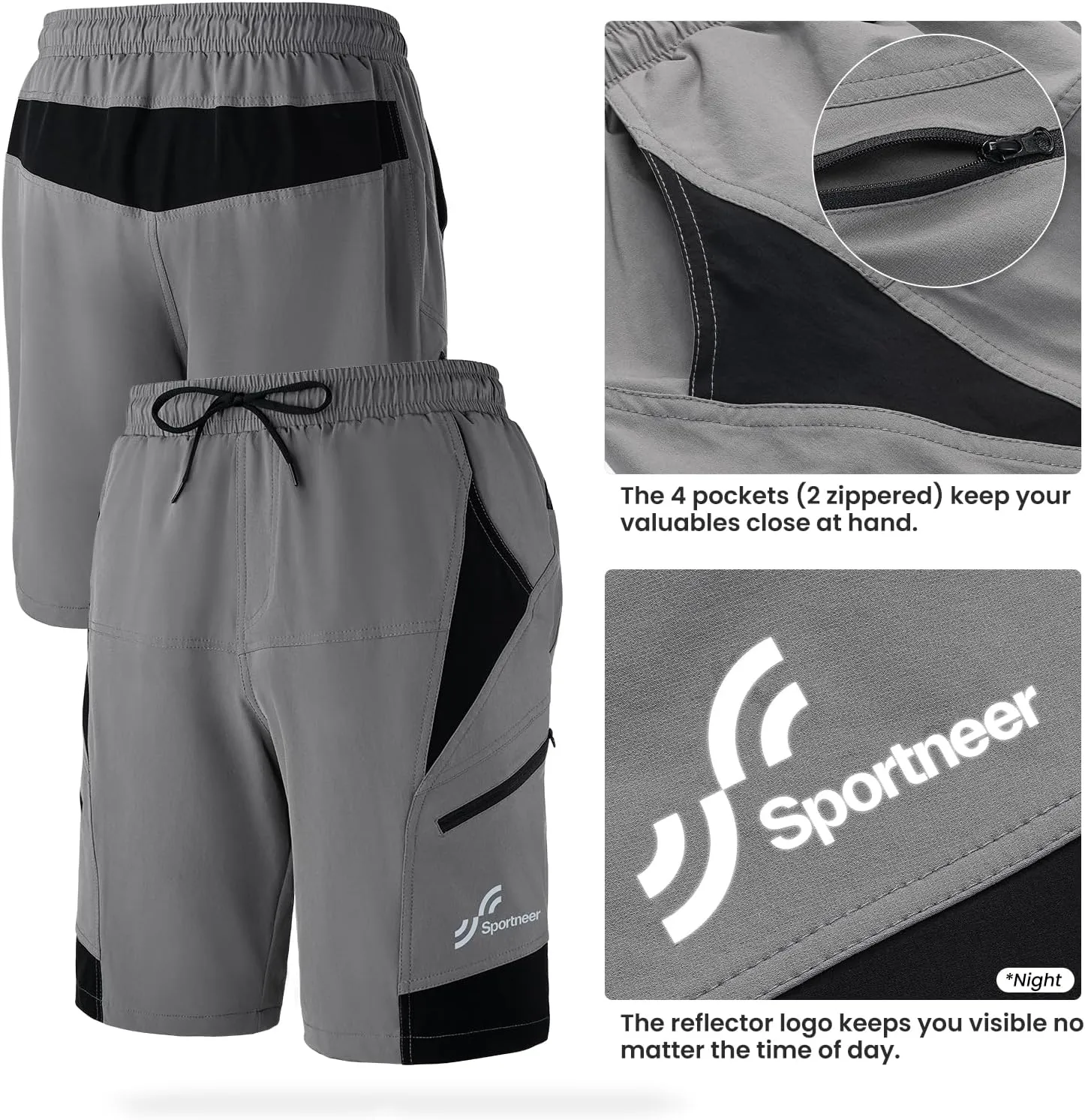 Sportneer Bike Shorts for Men: 3D Padded Lightweight Riding Biking Cycling Mountain Bike Shorts for Men with Zipper Pockets