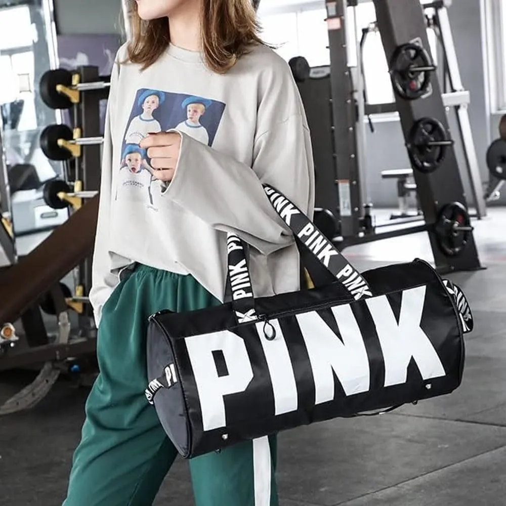 Sports Gym Bag Large Capacity Travel Duffel Bag Sport Shoes Bag with Wet Pocket Compartment for Men and Women Lightweight Multiple Colors PINK Logo (BLACK)