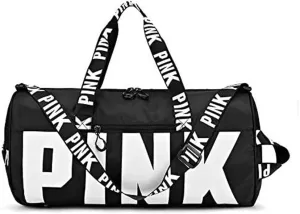 Sports Gym Bag Large Capacity Travel Duffel Bag Sport Shoes Bag with Wet Pocket Compartment for Men and Women Lightweight Multiple Colors PINK Logo (BLACK)