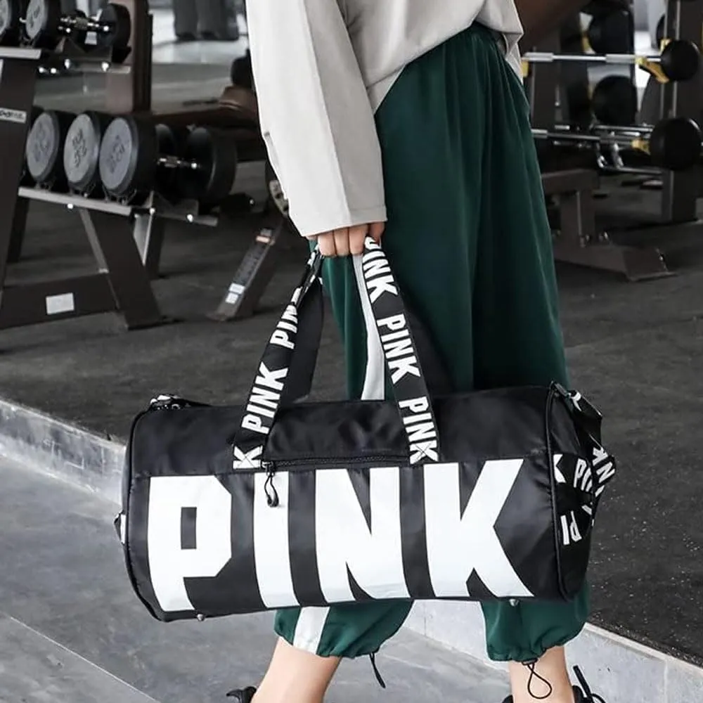 Sports Gym Bag Large Capacity Travel Duffel Bag Sport Shoes Bag with Wet Pocket Compartment for Men and Women Lightweight Multiple Colors PINK Logo (BLACK)