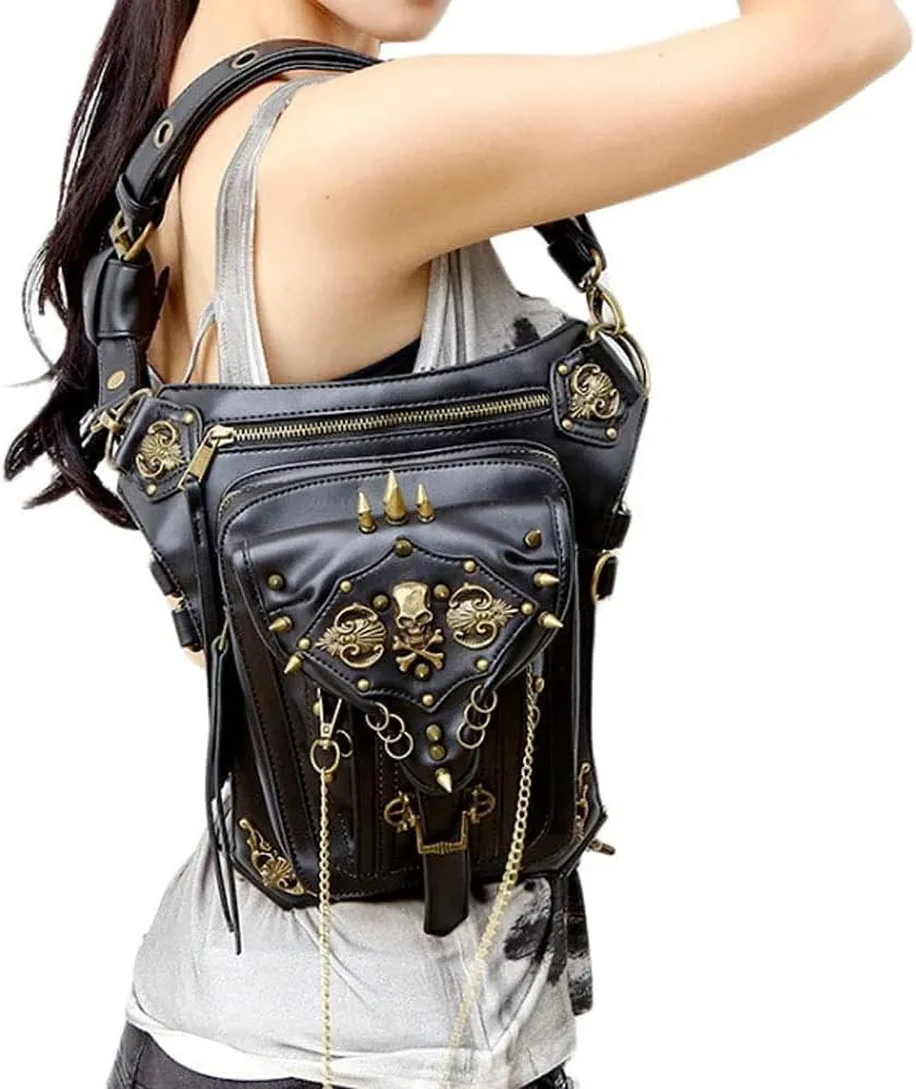 Steampunk Waist Bag Fanny Pack Thigh Holster Purse Gothic Leather Shoulder Crossbody Hiking Chain Messenger Bag