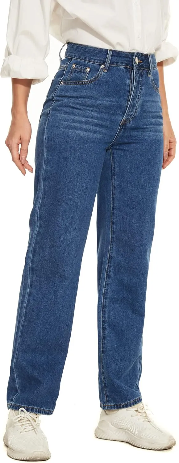 Straight Leg Jeans for Women High Waisted Relaxed Fit Button Fly Distressed Boyfriend Mom Jeans