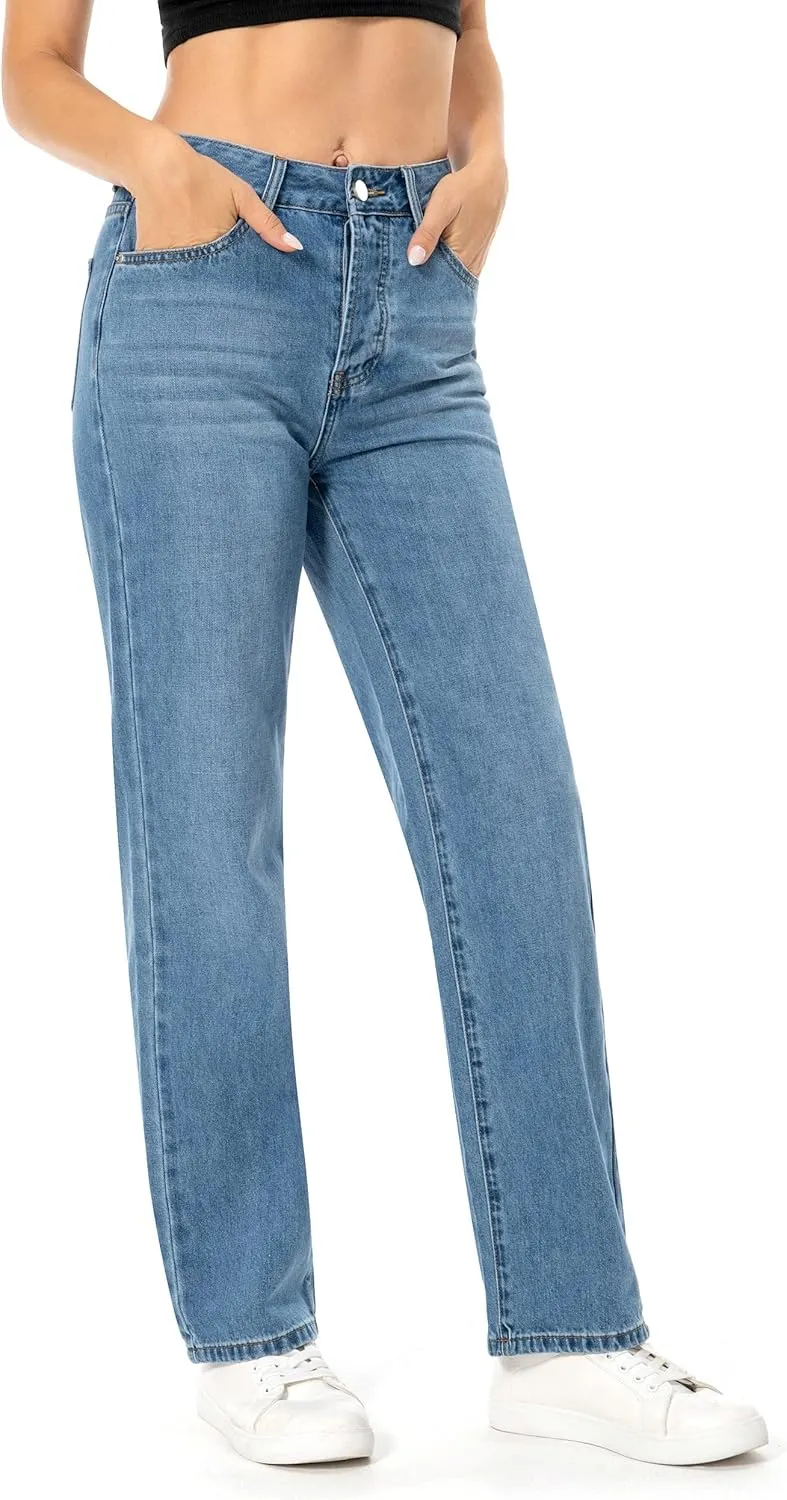 Straight Leg Jeans for Women High Waisted Relaxed Fit Button Fly Distressed Boyfriend Mom Jeans