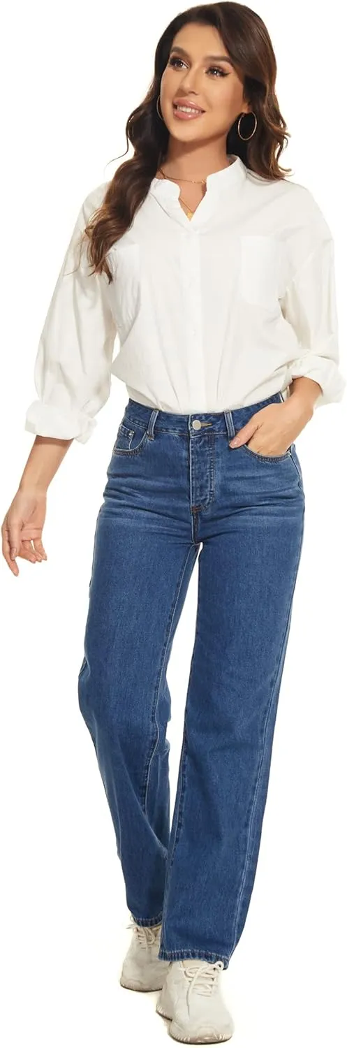 Straight Leg Jeans for Women High Waisted Relaxed Fit Button Fly Distressed Boyfriend Mom Jeans