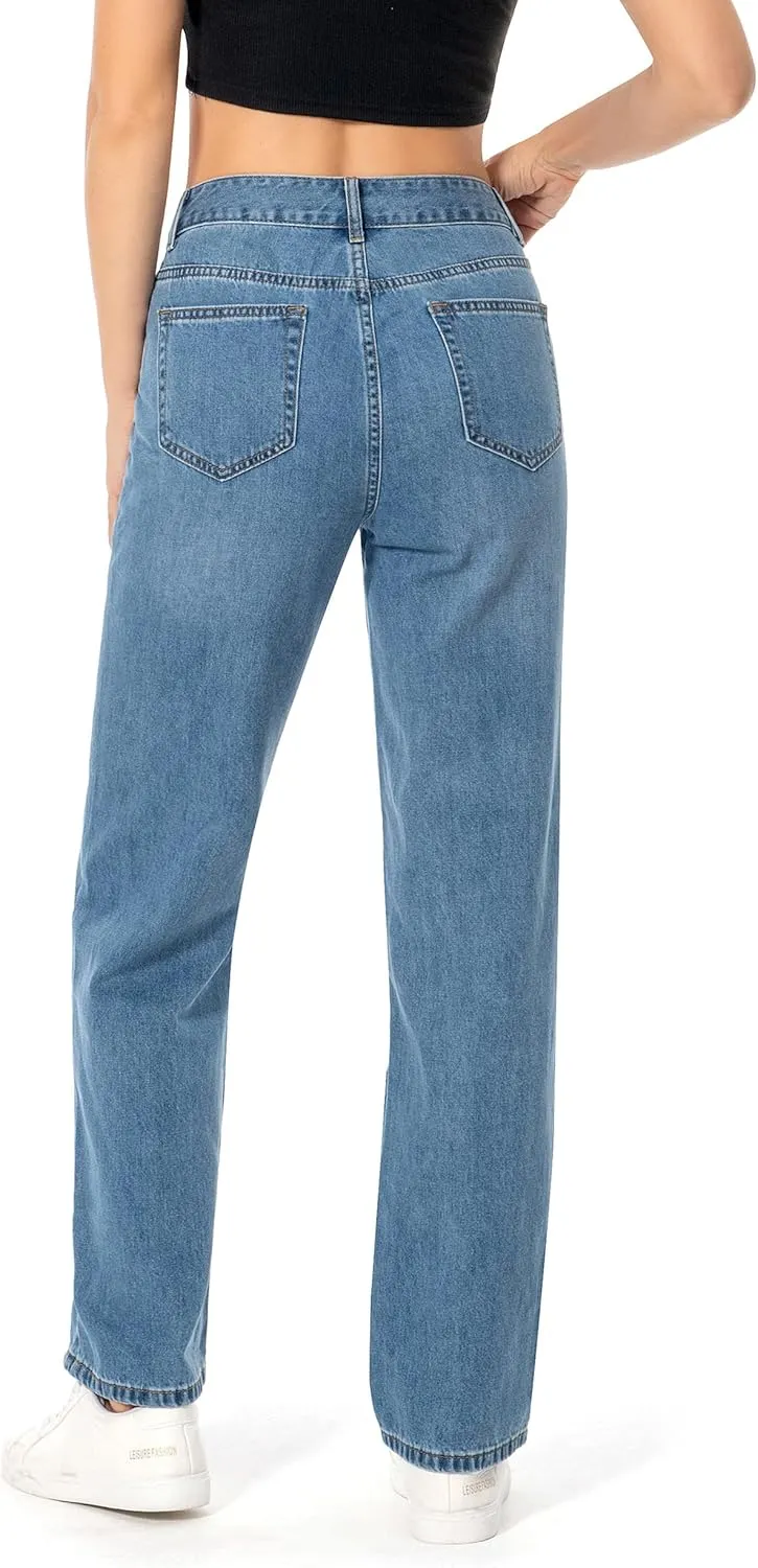 Straight Leg Jeans for Women High Waisted Relaxed Fit Button Fly Distressed Boyfriend Mom Jeans
