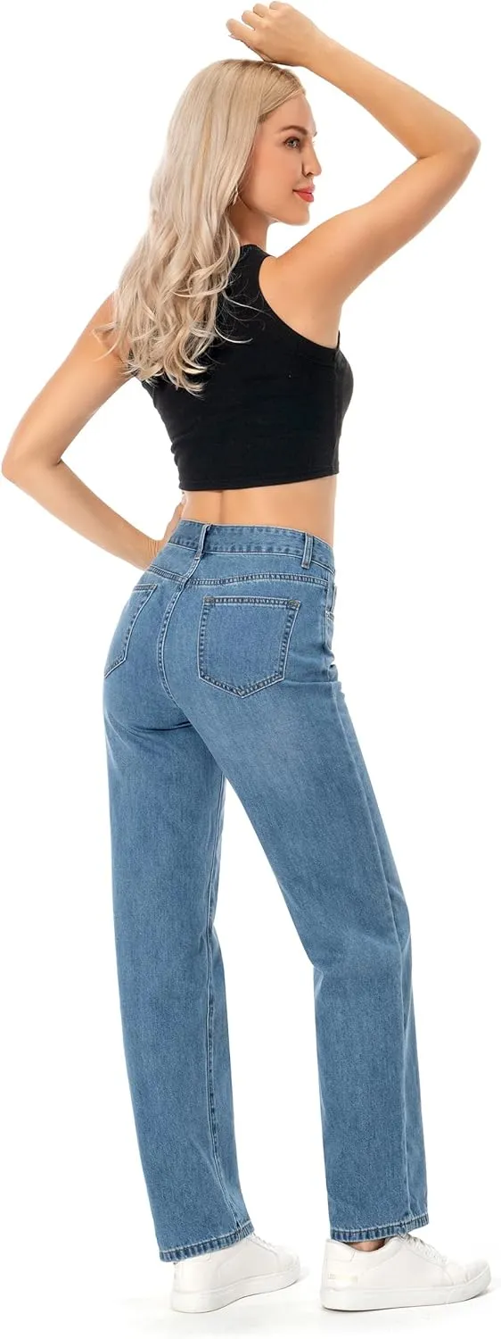 Straight Leg Jeans for Women High Waisted Relaxed Fit Button Fly Distressed Boyfriend Mom Jeans