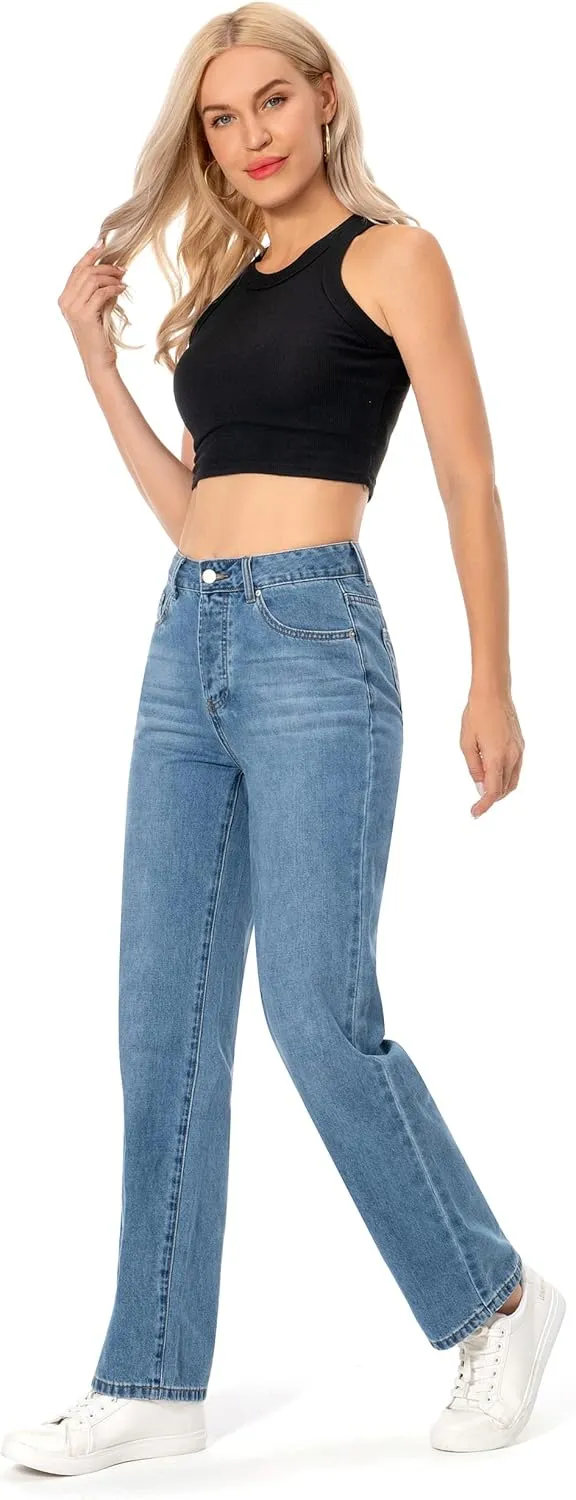 Straight Leg Jeans for Women High Waisted Relaxed Fit Button Fly Distressed Boyfriend Mom Jeans