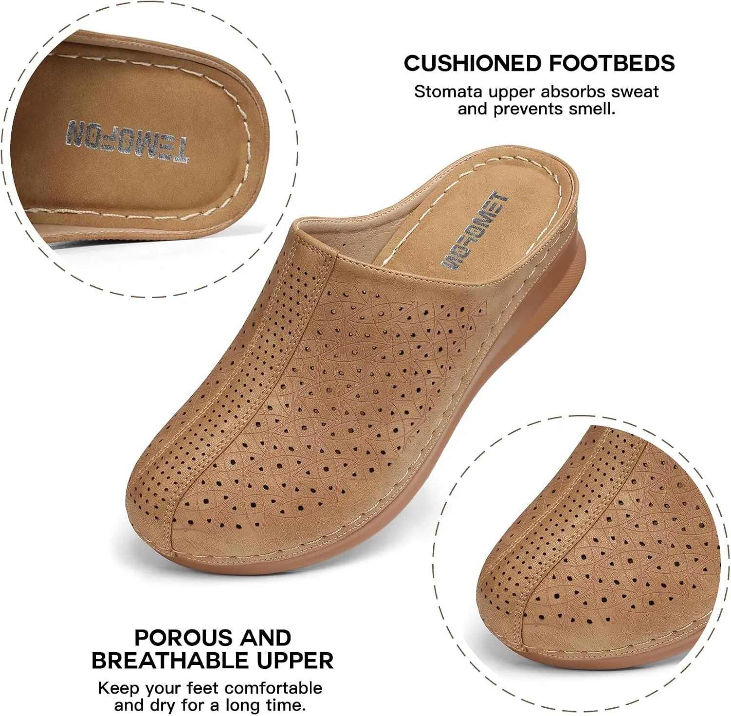 TEMOFON Clogs for Women Mules Slip on: Closed Toe Sandals, Summer Shoes Dressy, Comfortable Walking Wedge Clogs