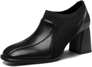 TinaCus Women's Square Toe Genuine Leather & Woolen Handmade Mid Chunky Heels Casual Shoes