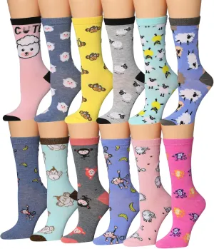 Tipi Toe Women's 12 Pairs Lightweight Colorful Patterned Crew Socks
