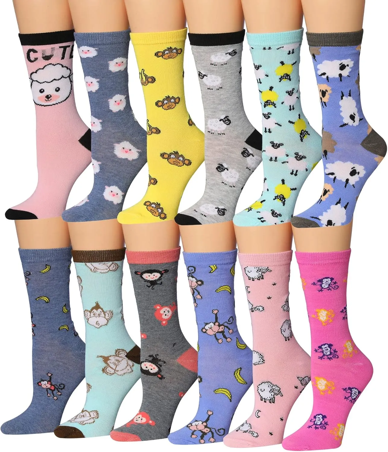 Tipi Toe Women's 12 Pairs Lightweight Colorful Patterned Crew Socks