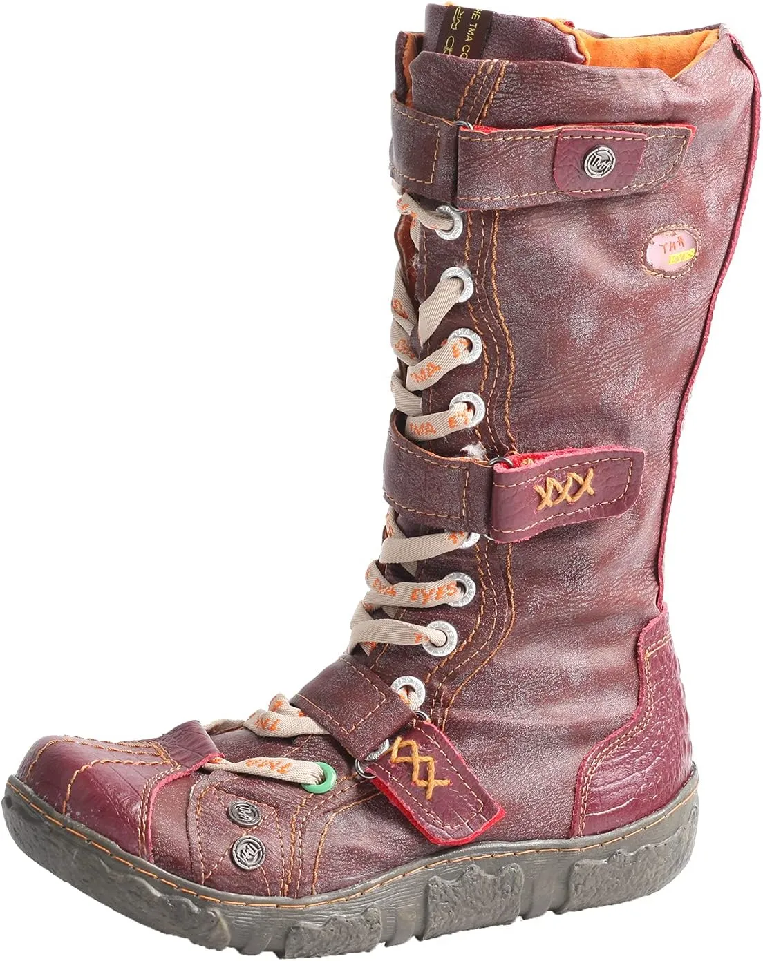 TMA EYES Strape-Accent Washed PU Leather Flat Women's Boot With Plus Size