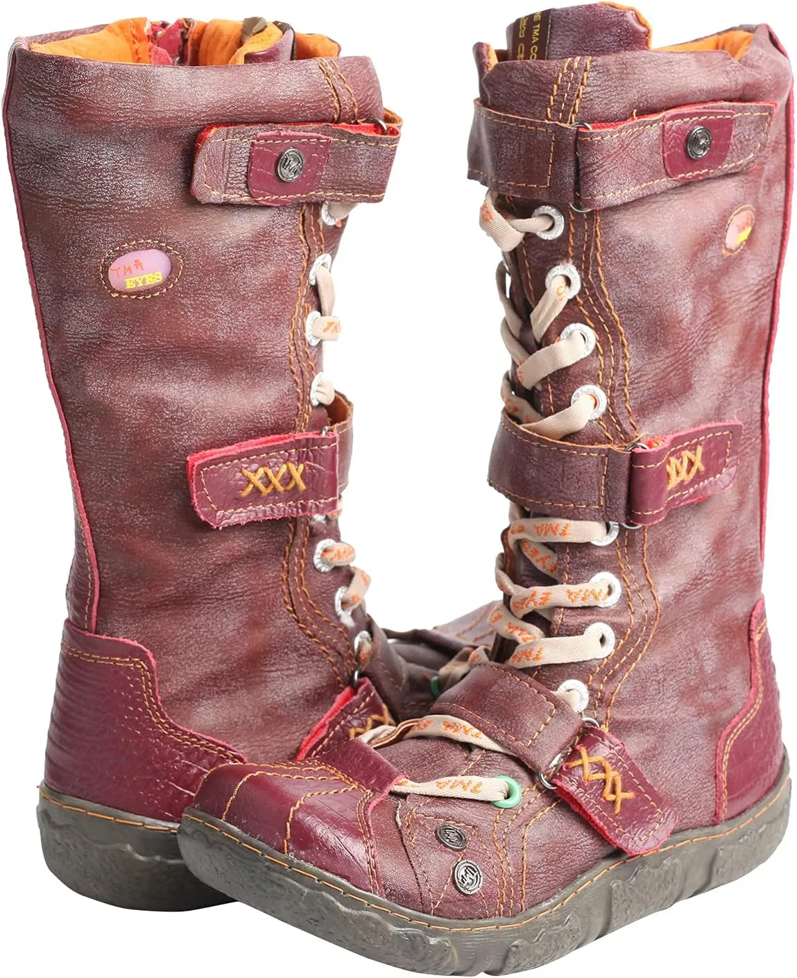 TMA EYES Strape-Accent Washed PU Leather Flat Women's Boot With Plus Size