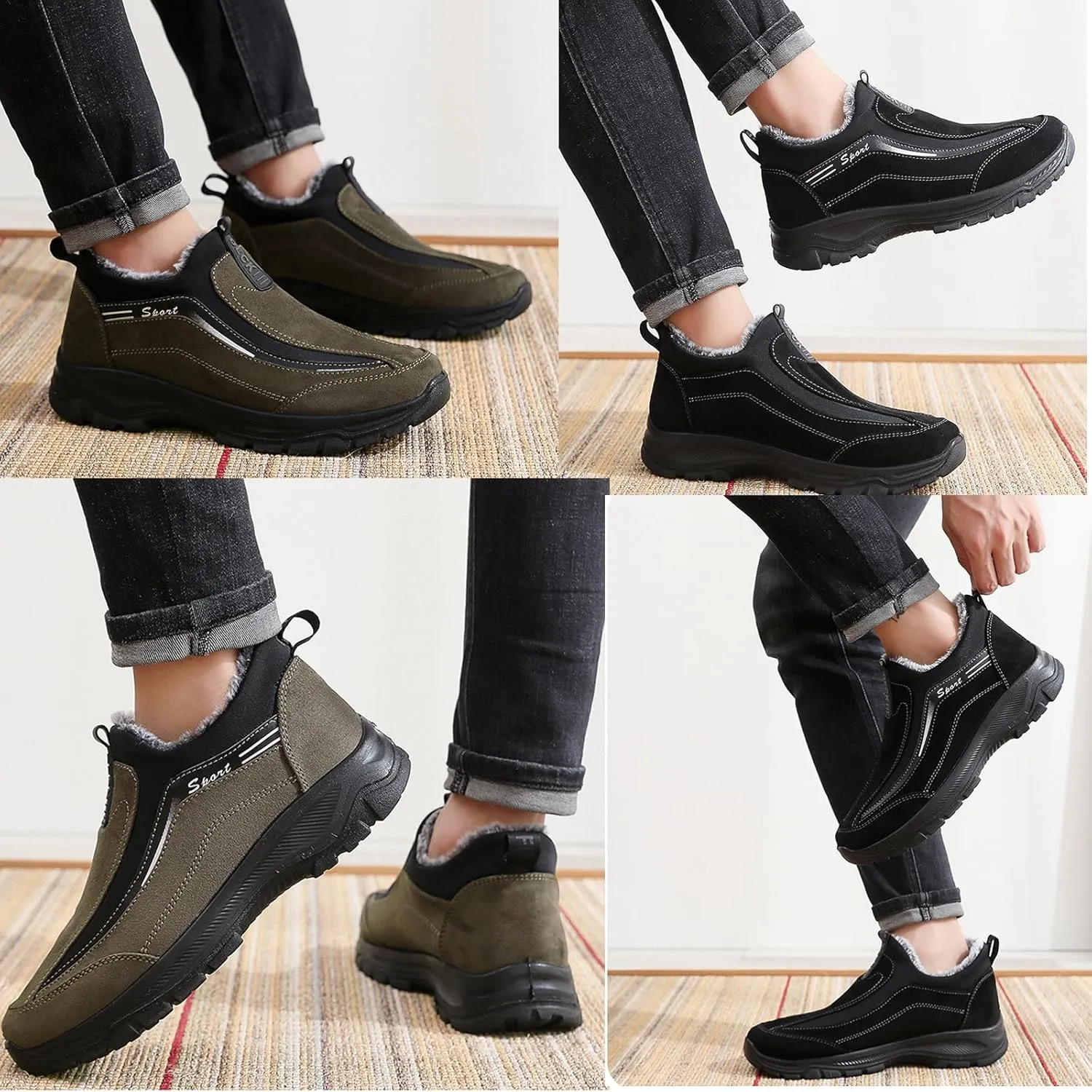 Tokouk Men Keep Warm Slip-On Winter Walking Shoes Fur Lining,Casual And Light Anti-Slip Snow Boots For Old Man Walking.
