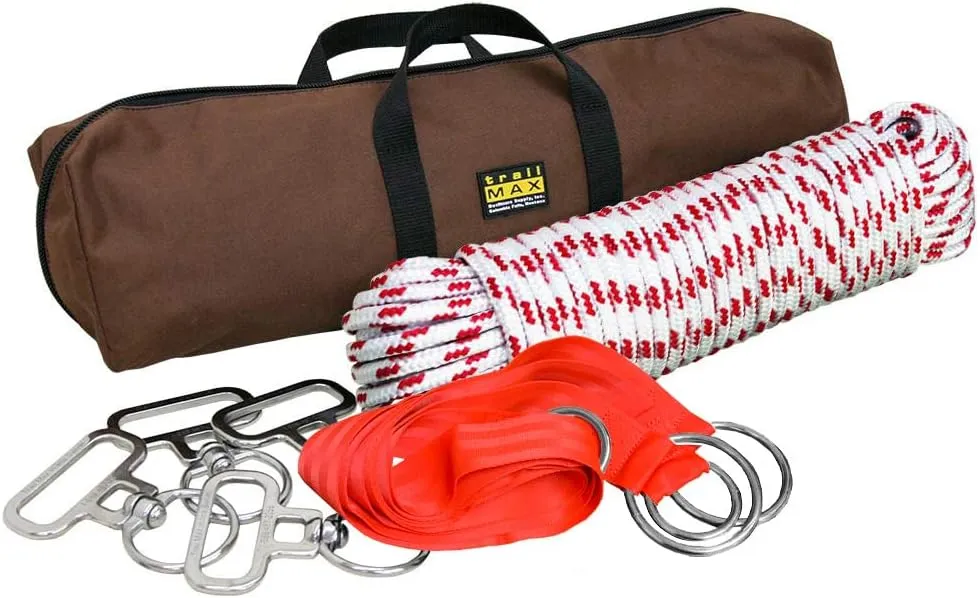 TrailMax 4-Horse Highline Kit, for Horse & Mule Packing, with 4 Stainless Steel in-Line Swivels, 2 Tree Saver Straps, 100 Ft of 3/8" Highline Rope, Carry Case & Instructions Included