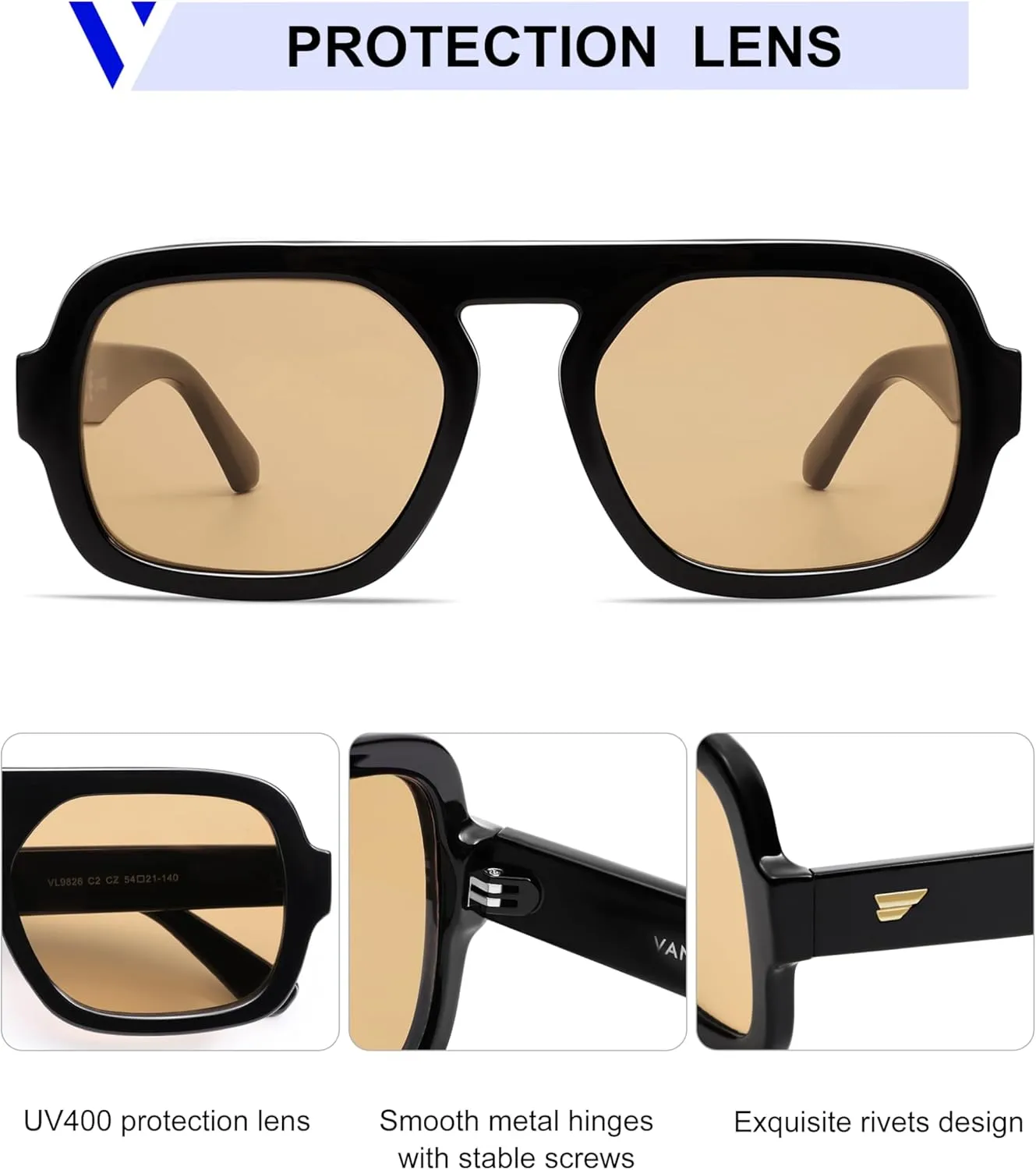 VANLINKER Retro Square Aviator Sunglasses for Women Men 70s Vintage Style Trendy Flat Top Rectangle Sun Glasses VL9826