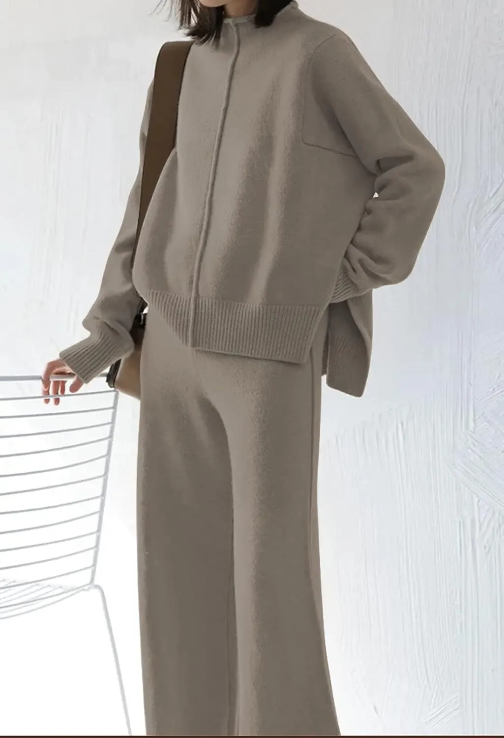 Viottiset Women's 2 Piece Outfits Sweater Set Wide Leg Pants High Neck Sweatsuit Loungewear