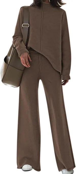 Viottiset Women's 2 Piece Outfits Sweater Set Wide Leg Pants High Neck Sweatsuit Loungewear