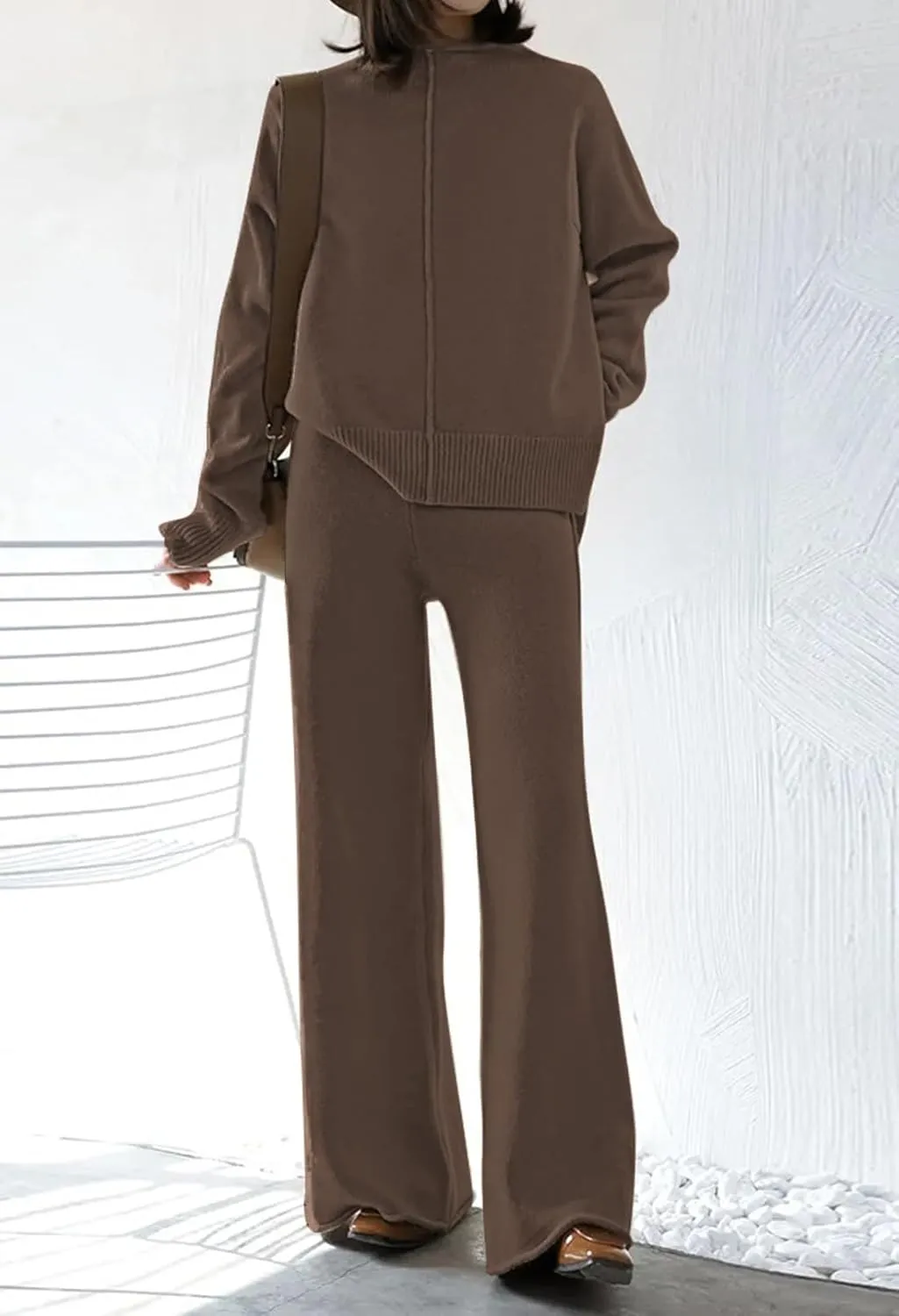 Viottiset Women's 2 Piece Outfits Sweater Set Wide Leg Pants High Neck Sweatsuit Loungewear