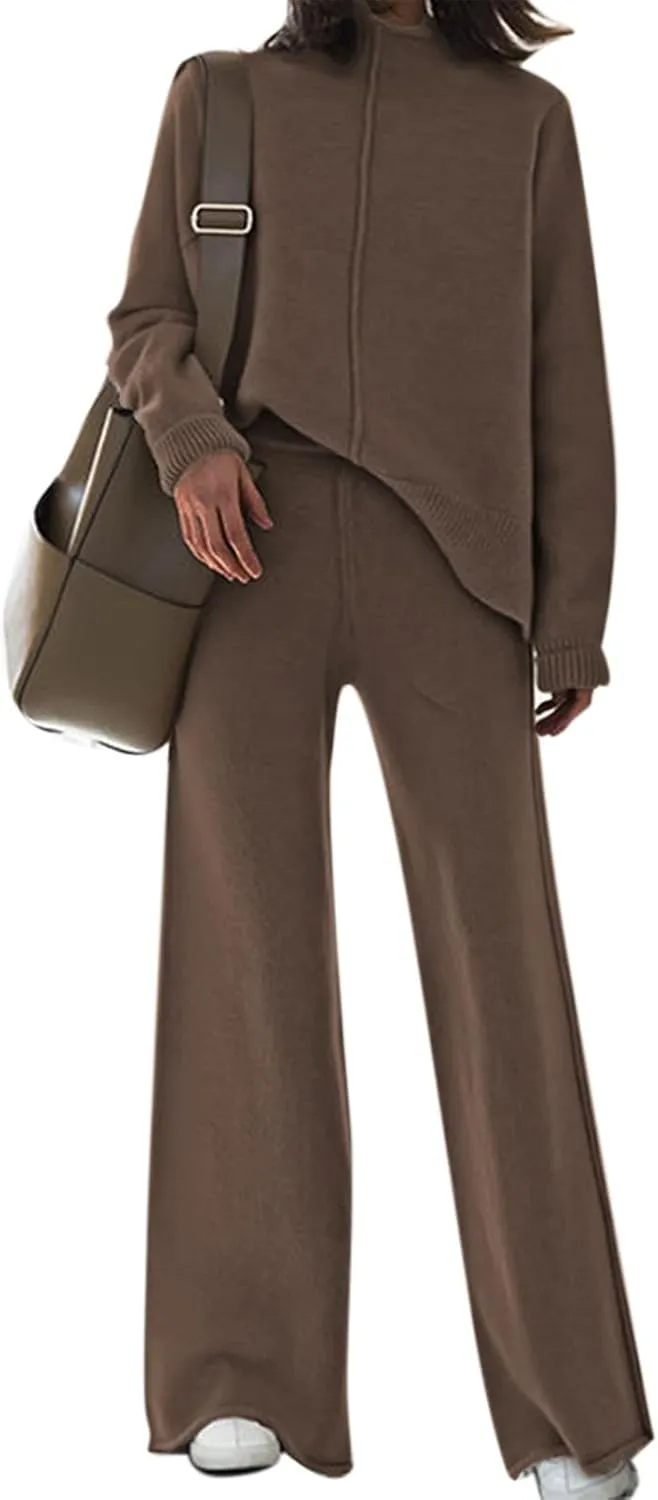 Viottiset Women's 2 Piece Outfits Sweater Set Wide Leg Pants High Neck Sweatsuit Loungewear