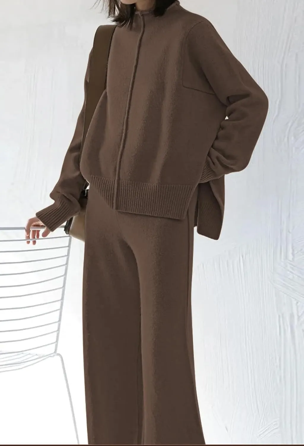 Viottiset Women's 2 Piece Outfits Sweater Set Wide Leg Pants High Neck Sweatsuit Loungewear