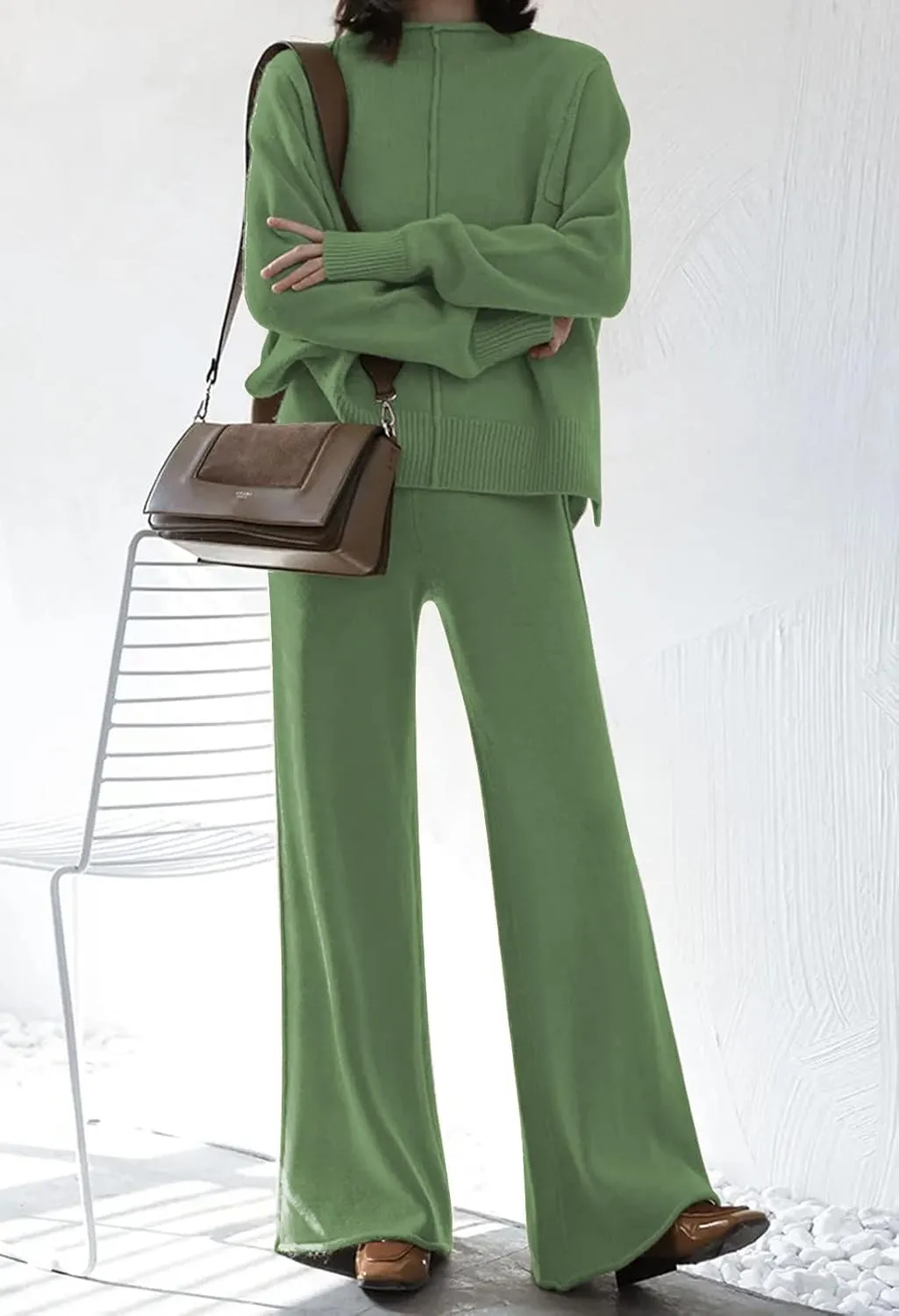 Viottiset Women's 2 Piece Outfits Sweater Set Wide Leg Pants High Neck Sweatsuit Loungewear