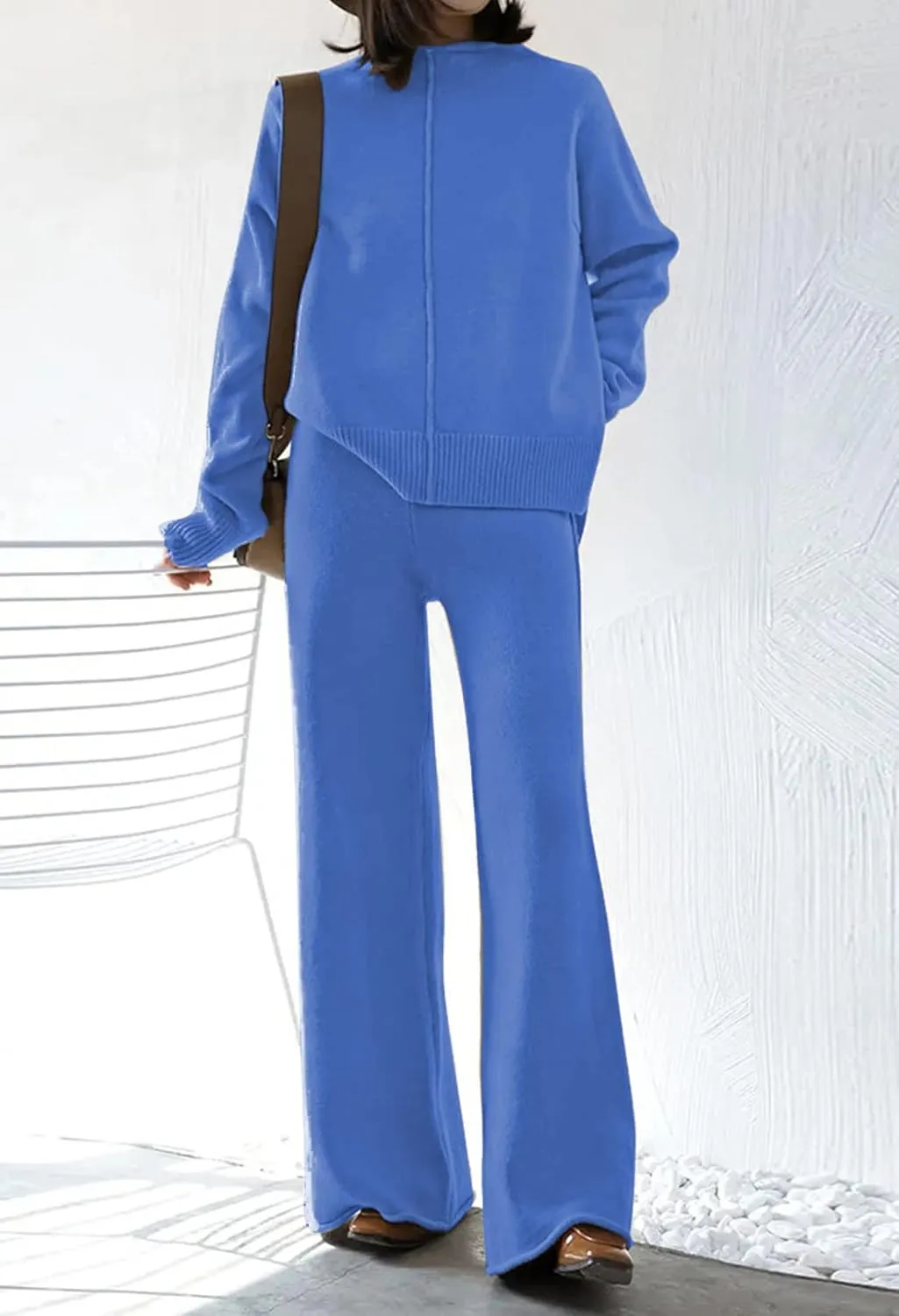 Viottiset Women's 2 Piece Outfits Sweater Set Wide Leg Pants High Neck Sweatsuit Loungewear