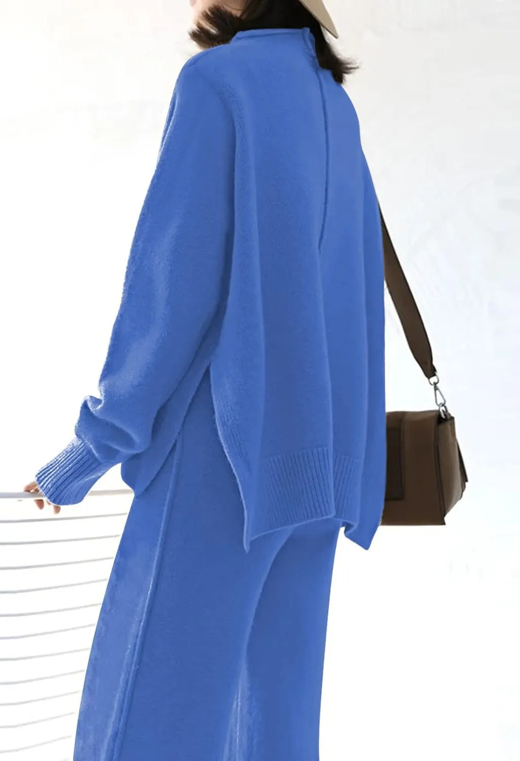 Viottiset Women's 2 Piece Outfits Sweater Set Wide Leg Pants High Neck Sweatsuit Loungewear