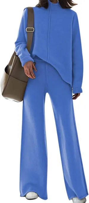 Viottiset Women's 2 Piece Outfits Sweater Set Wide Leg Pants High Neck Sweatsuit Loungewear