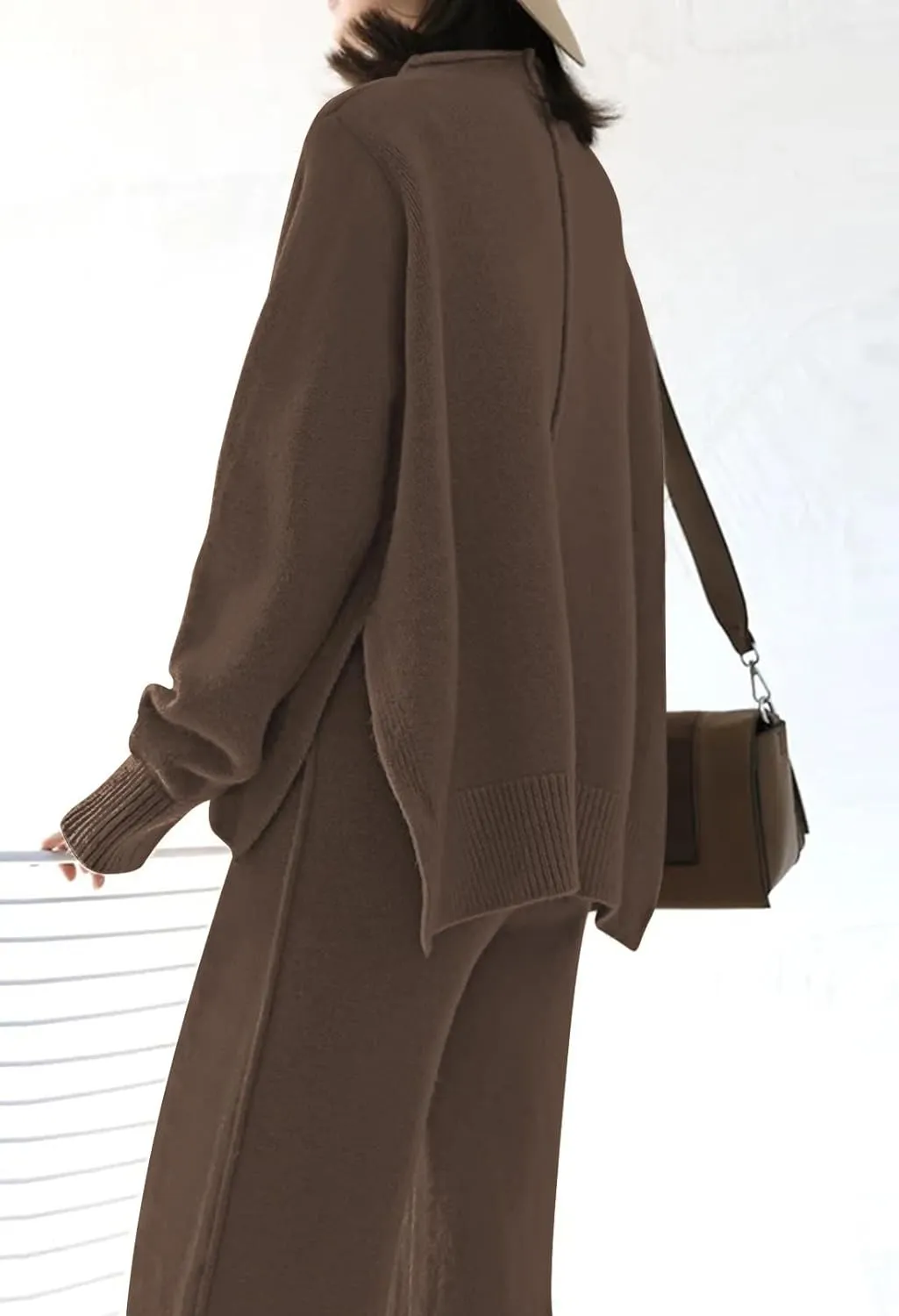 Viottiset Women's 2 Piece Outfits Sweater Set Wide Leg Pants High Neck Sweatsuit Loungewear