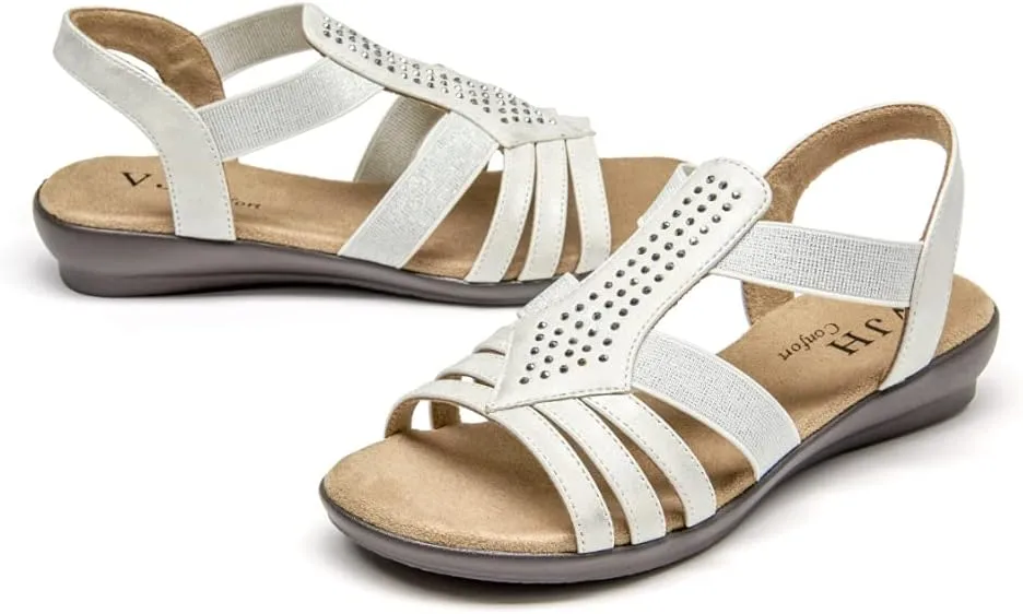 VJH confort Women's Flat Sandals, Comfort Elastic Slip-on Light Weight Slingback Casual Walking Sandals with Rhinestone