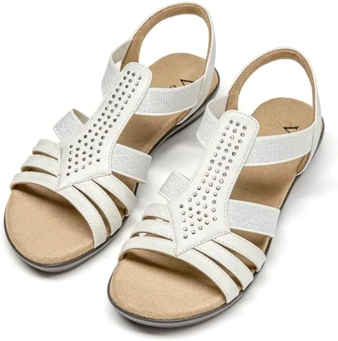 VJH confort Women's Flat Sandals, Comfort Elastic Slip-on Light Weight Slingback Casual Walking Sandals with Rhinestone